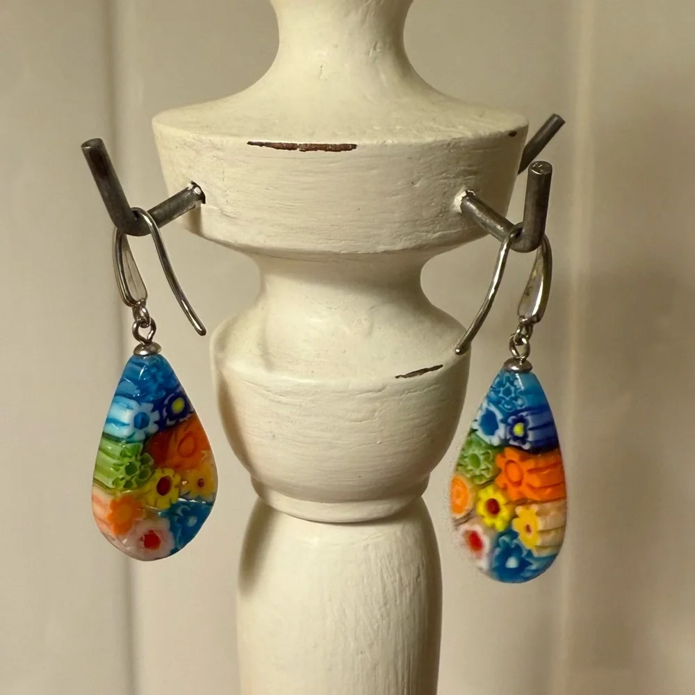 Multi Color Murano Style Millefiori Drop Earrings - Picture 6 of 6